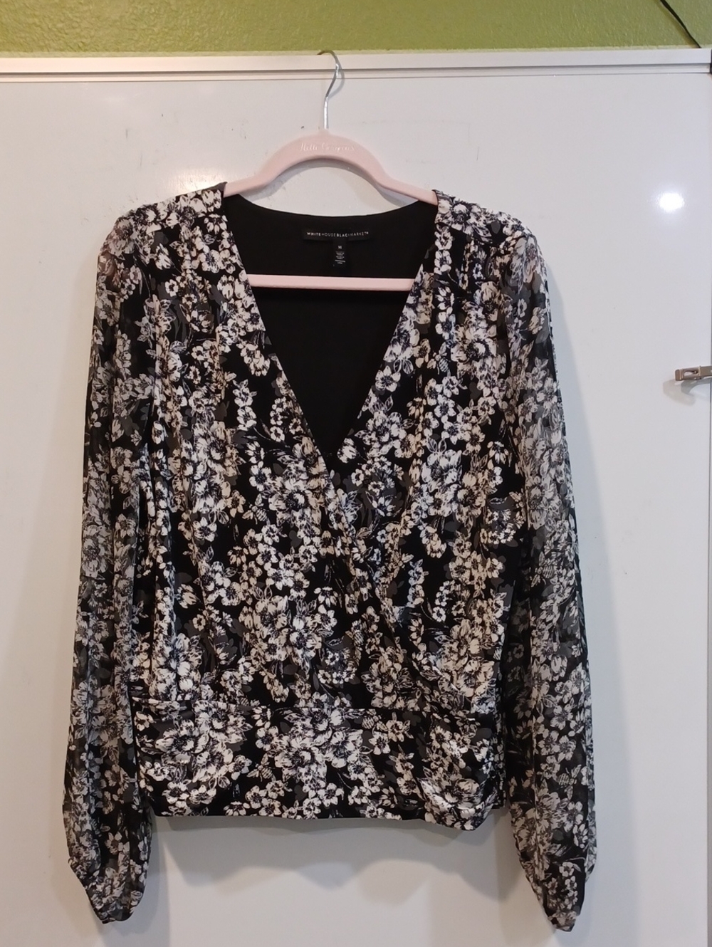 White House Black Market Black and White Floral Surplice Wrap Blouse, Medium